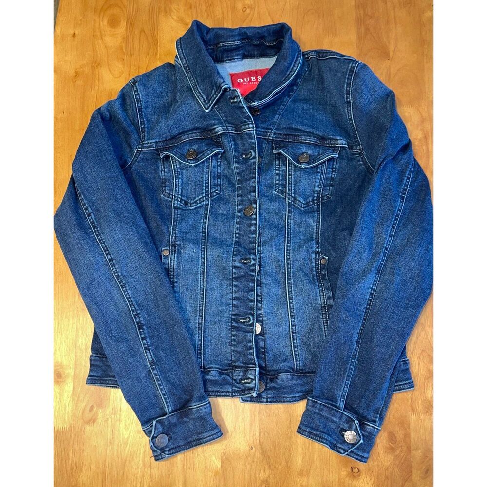 Denim‎ Jacket GUESS Los Angeles Distressed Vintage Size L Cropped Fitted